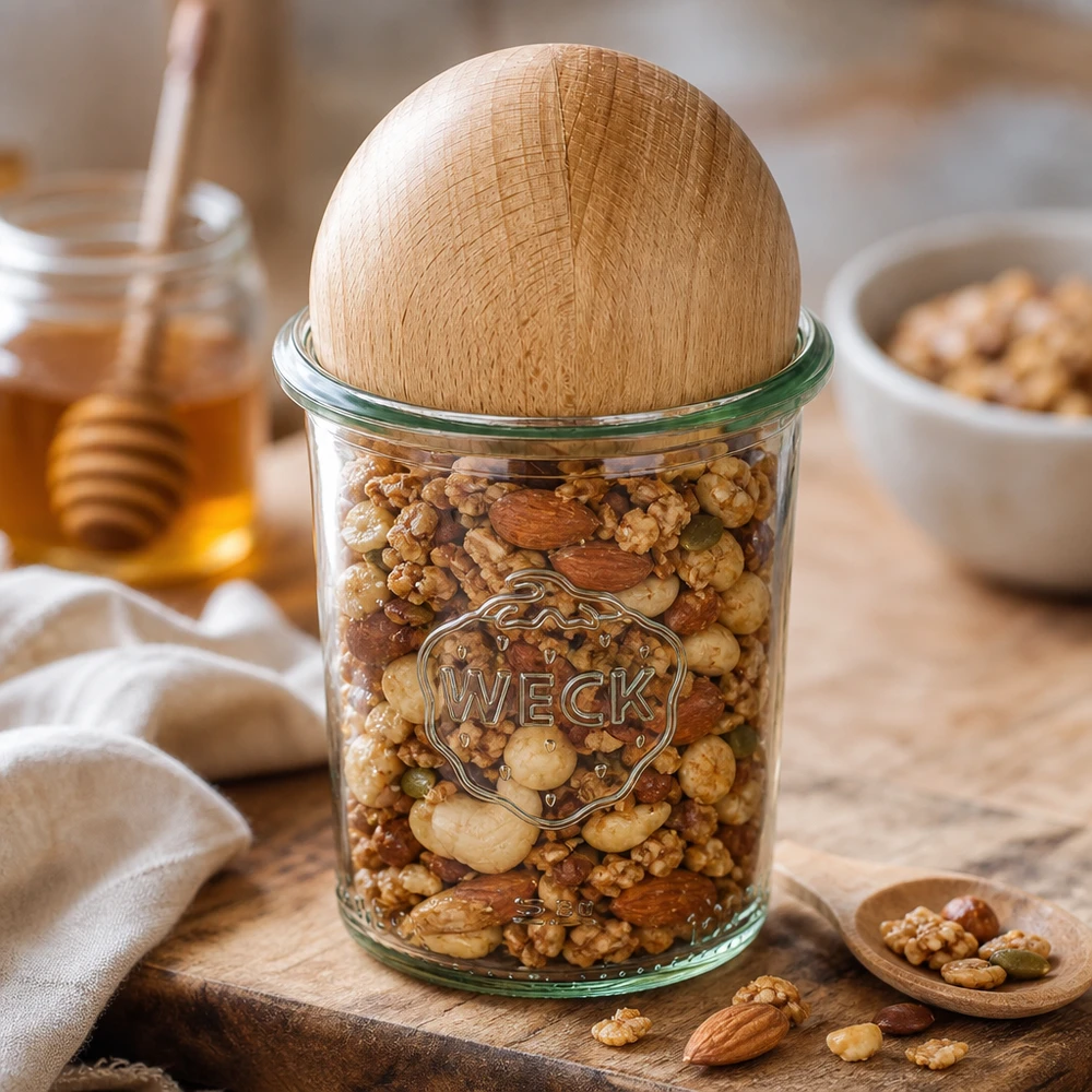 WECK Sturzglas RR60 160ml mit Buchenkugel gefüllt mit Nüssen, dekorativ arrangiert auf Holzbrett mit Honig