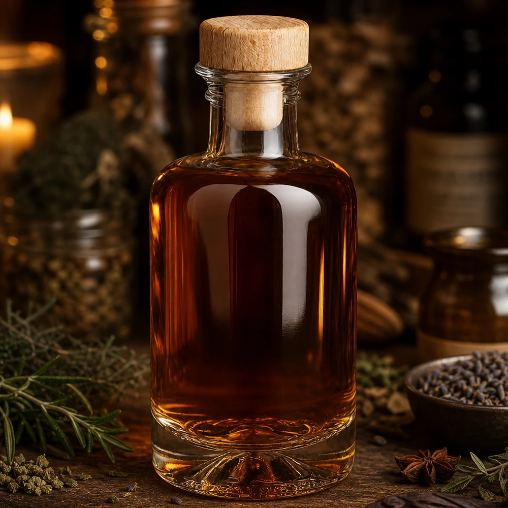 100ml Glasflasche "Sofia" mit Holzgriff-Korken UNiTWIST 100ml Glasflasche Sofia mit Holzkorken gefüllt mit bernsteinfarbener Flüssigkeit zwischen Gewürzen und Kräutern Destille