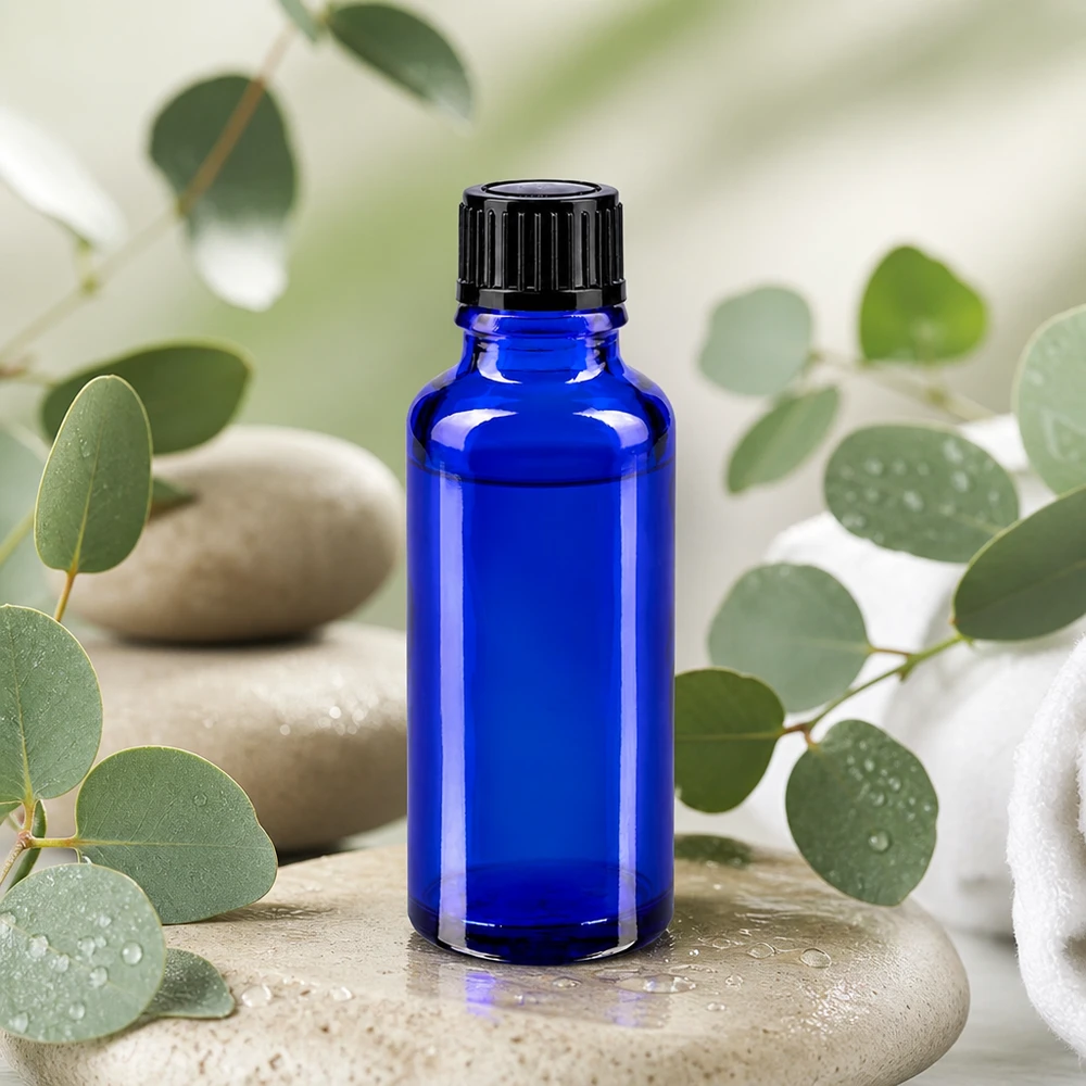 Apothekenflasche blau 30ml Schraubverschluss schwarz Standard Apothekerflasche 30ml blau mit schwarzem Standardverschluss neben frischen Eukalyptusblättern