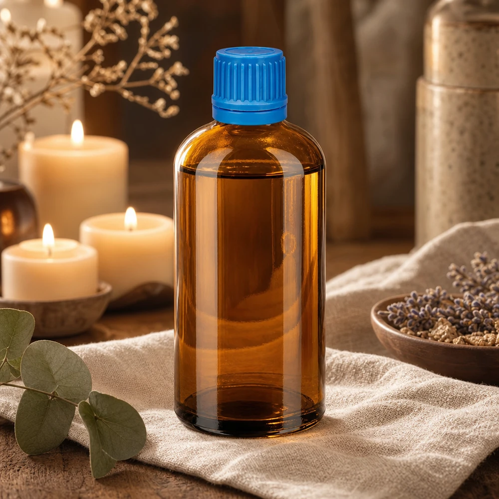 Vielseitige braune Glasflasche 100ml mit praktischem 11mm Schraubgewinde und blauem Deckel