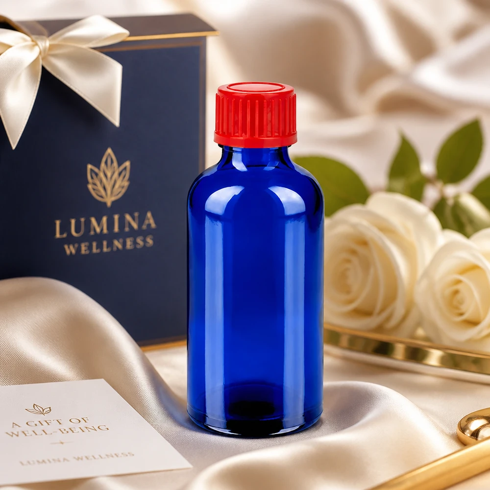 50ml Flasche 11mm Schraubverschluss rot Standard BlueLine UT18/50 Medizinflasche 50ml aus UV-schützendem Kobaltglas mit rotem Sicherheitsverschluss 11mm SV