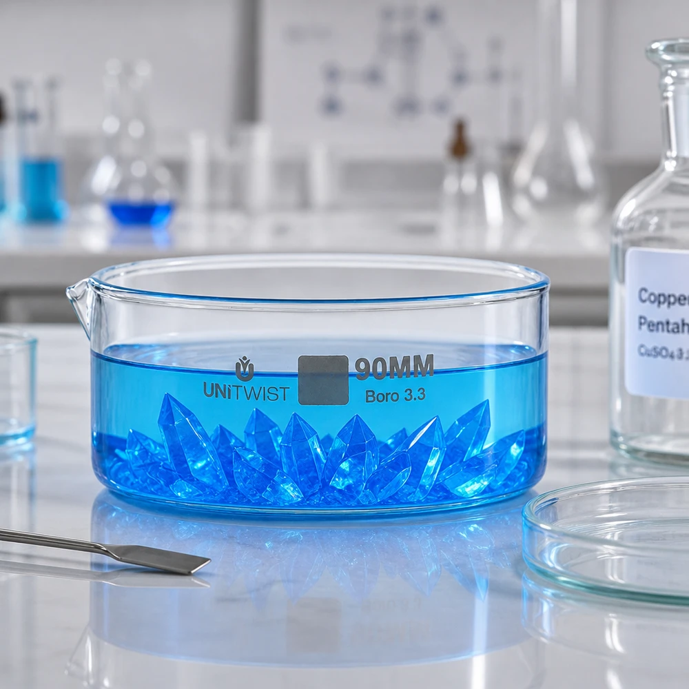 Kristallisierschale UNiTWIST mit CuSO4 Lösung blau Laboranwendung Borosilikatglas 90mm