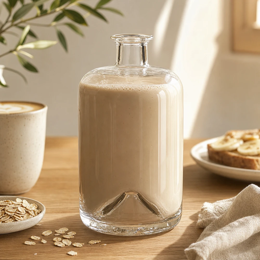 700ml Apothekenflasche "Classic" ohne Verschluss UNiTWIST® 700ml Glasflasche Sofia mit Hafermilch befüllt auf Holztisch neben Haferflocken und Kaffeetasse Lifestyle-Aufnahme