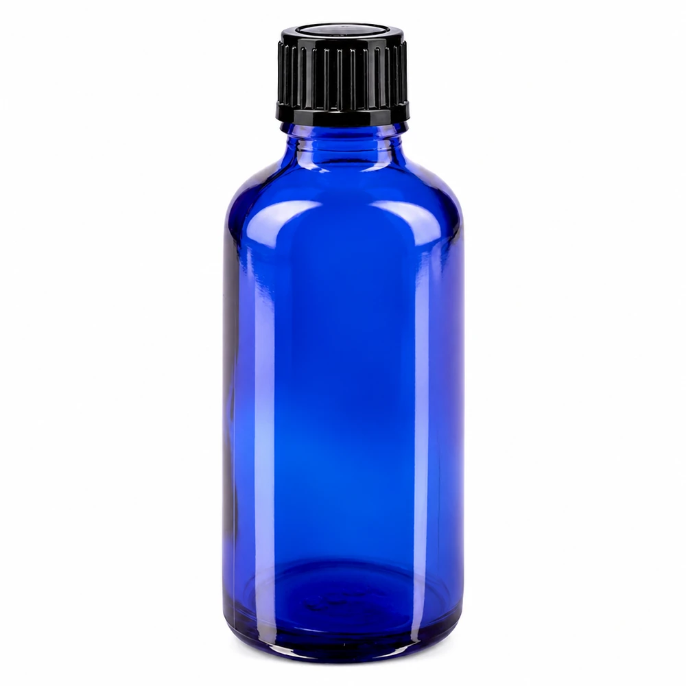 Runde blaue Flasche aus Apothekenglas 50ml mit schwarzem gerilltem Schraubdeckel