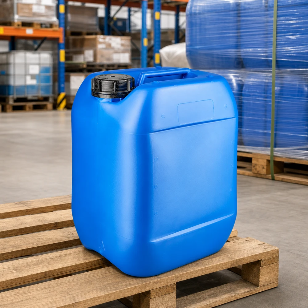 Kompakter Flüssigkeitsbehälter 10 Liter blau mit OV Verschluss und Etikettenfeld vorne