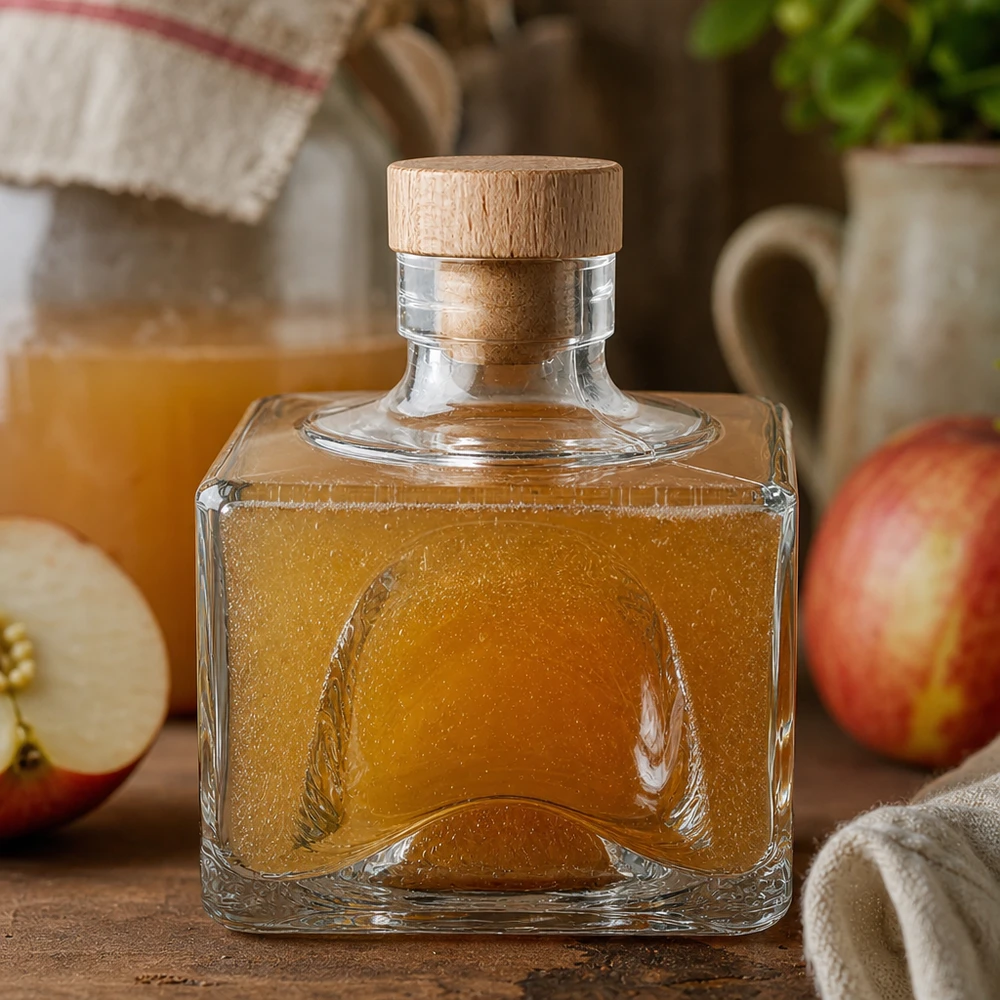 200ml Glasflasche "Bob" mit Holzgriff-Korken UNiTWIST 200ml Glasflasche Bob mit Apfelschnaps gefüllt, Holzgriff-Korken UNiTWIST, rustikale Dekoration mit Äpfeln