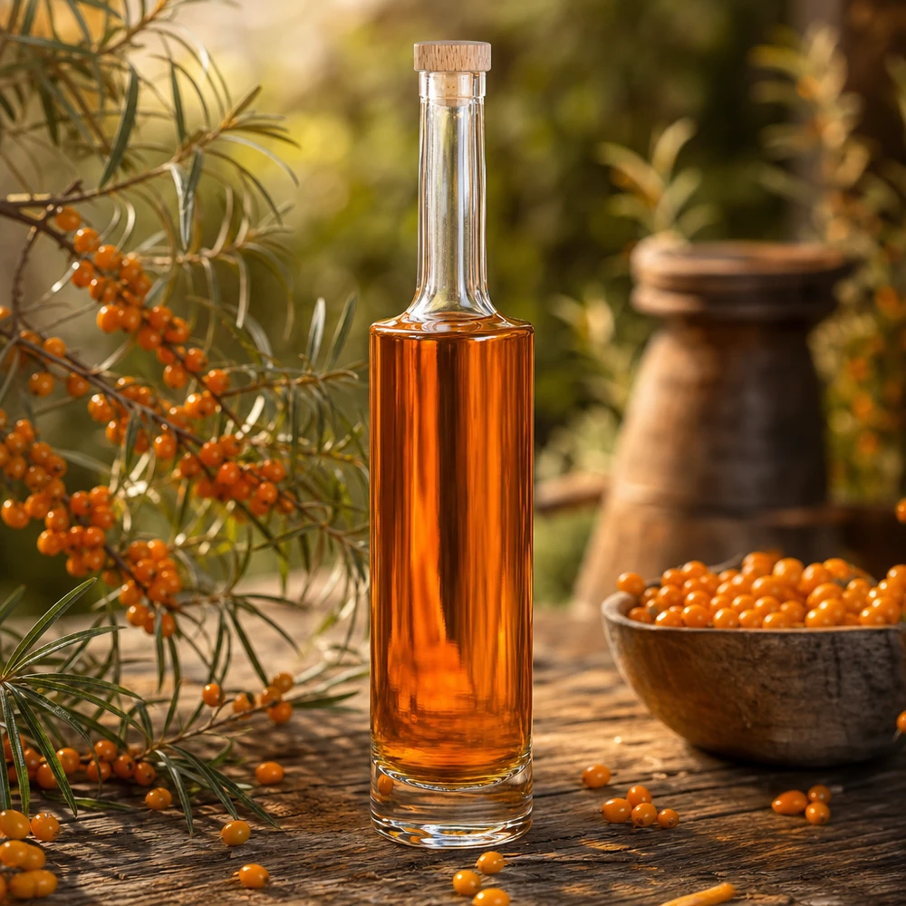 500ml Glasflasche Rosa mit Sanddornlikör gefüllt zwischen Sanddornzweigen und Schale mit orangen Beeren rustikal