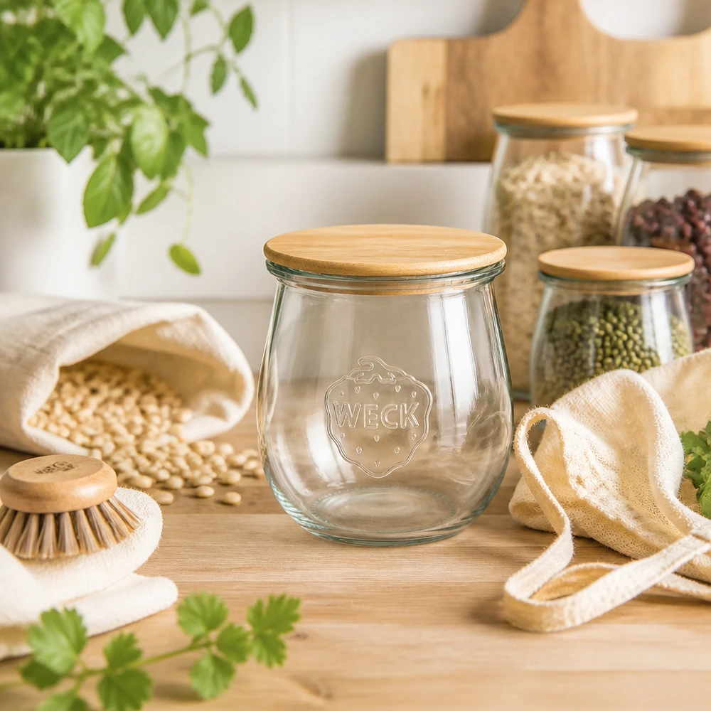 220ml Tulpenglas WECK RR60 mit Holzdeckel WECK Tulpenglas 220ml RR60 Holzdeckel in Zero-Waste Küche mit Hülsenfrüchten Getreide und nachhaltigen Utensilien