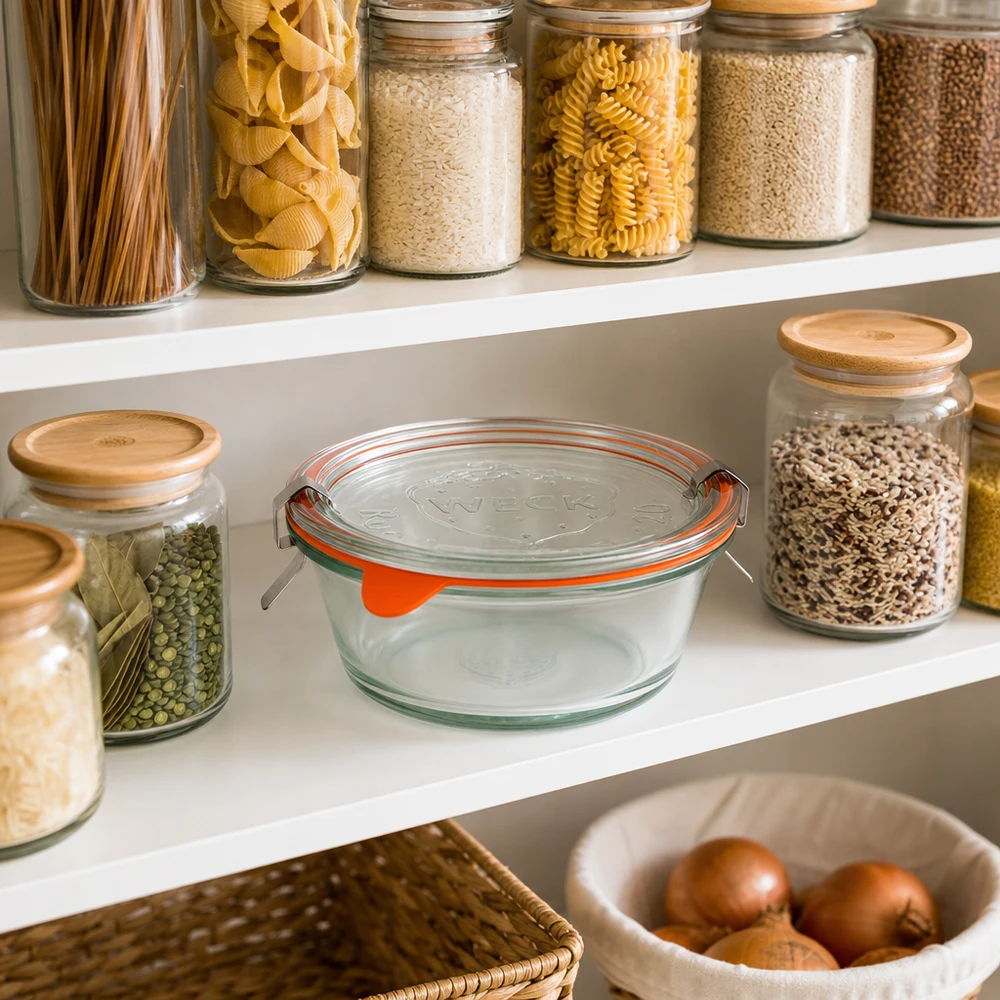 300ml Gourmetglas komplett WECK RR120 WECK Gourmetglas 300ml RR120 zur Vorratshaltung in organisierter Speisekammer mit Pasta, Reis und Hülsenfrüchten