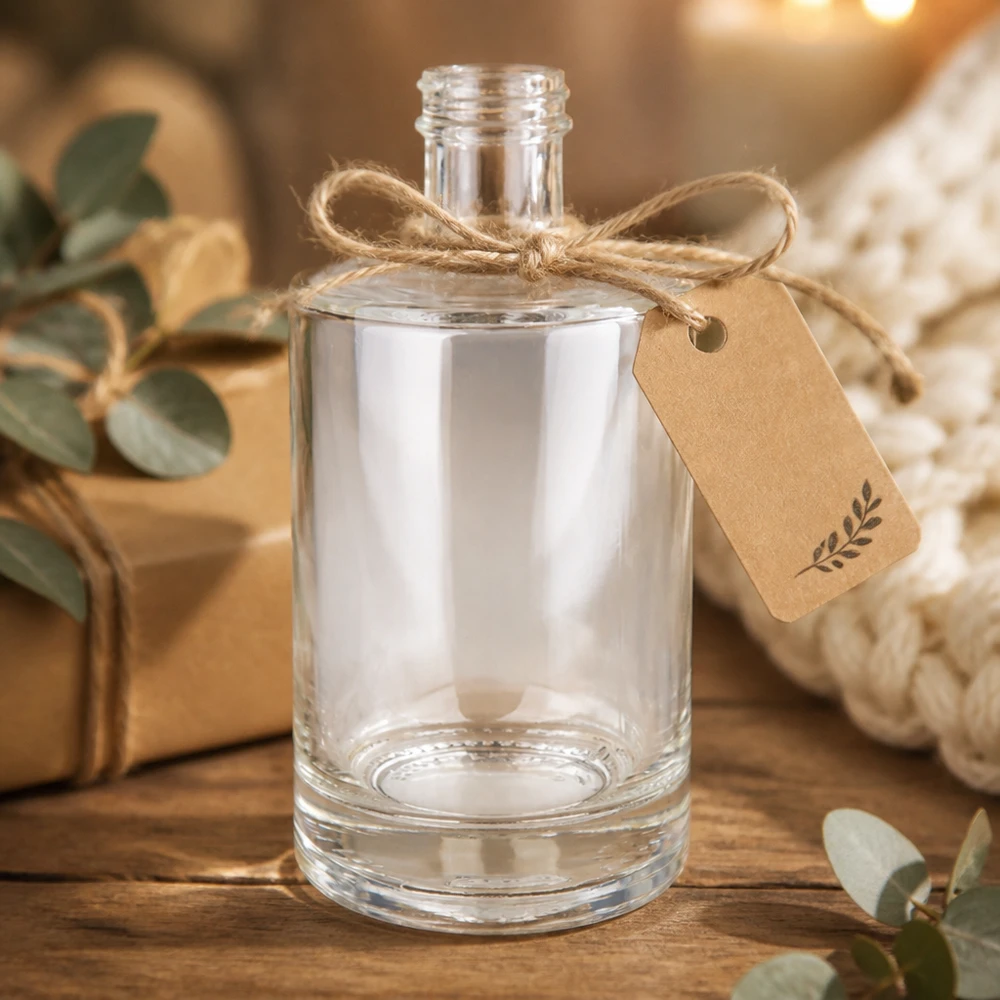500ml Glasflasche "Sam" ohne Schraubverschluss UNiTWIST 500ml Glasflasche Sam leer mit Kraftpapier-Anhänger Jute-Schleife rustikale Geschenkverpackung Holzuntergrund