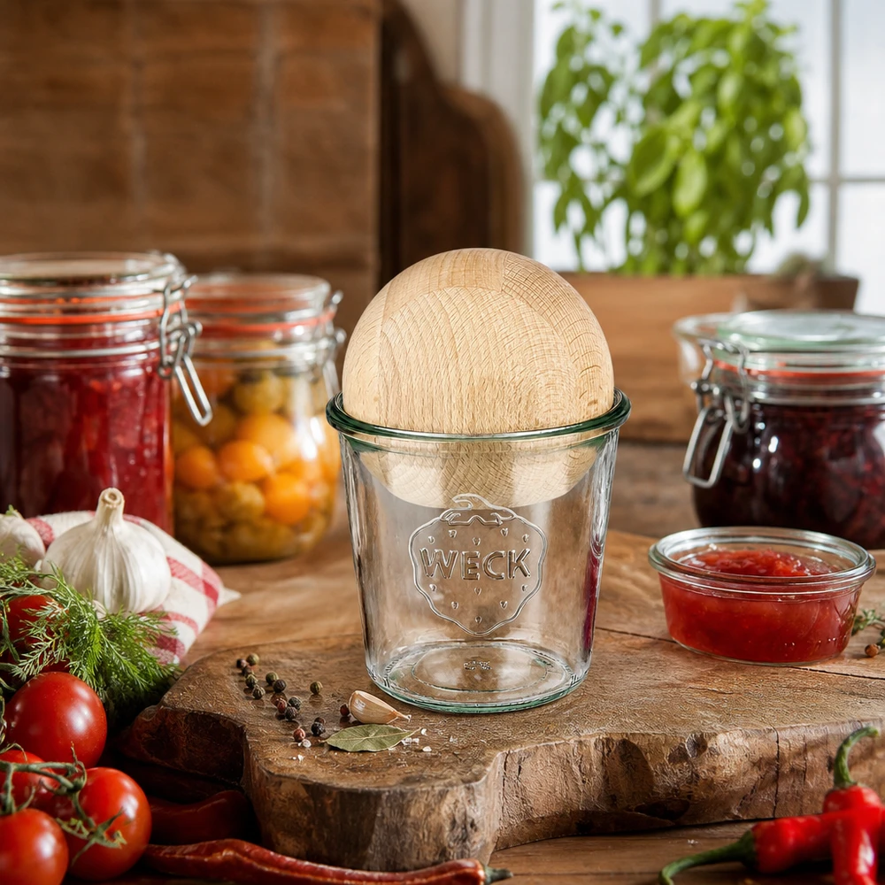 WECK Glas 580ml RR100 mit Buchenholzkugel in rustikaler Küche zwischen Einmachgläsern und frischen Zutaten