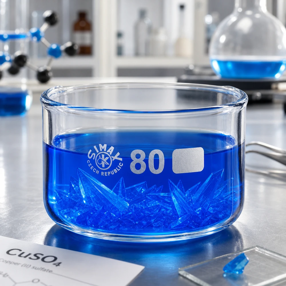 150ml Kristallisierschale ohne Ausguss Borosilikat ø80mm Kristallisationsexperiment mit blauer Lösung in flacher Glasschale 80mm SIMAX Tschechien