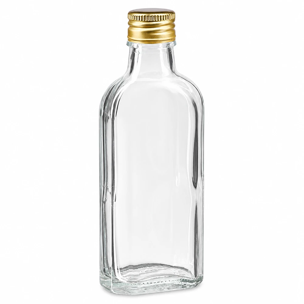 Transparente Flachmann Glasflasche 100ml mit goldfarbenem Schraubdeckel PP22 aus Aluminium