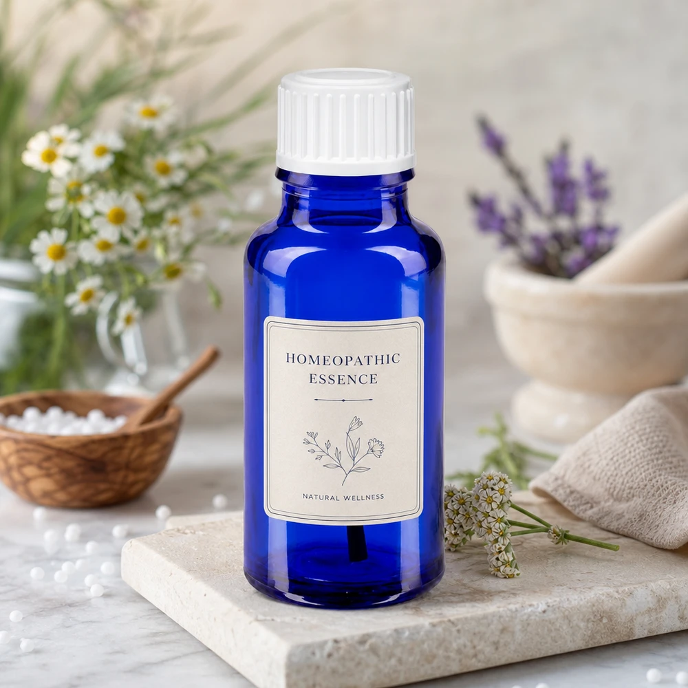 Kobaltblaue 20ml STD Pinselflasche Apothekerglas mit Homöopathieglobuli in Holzschale