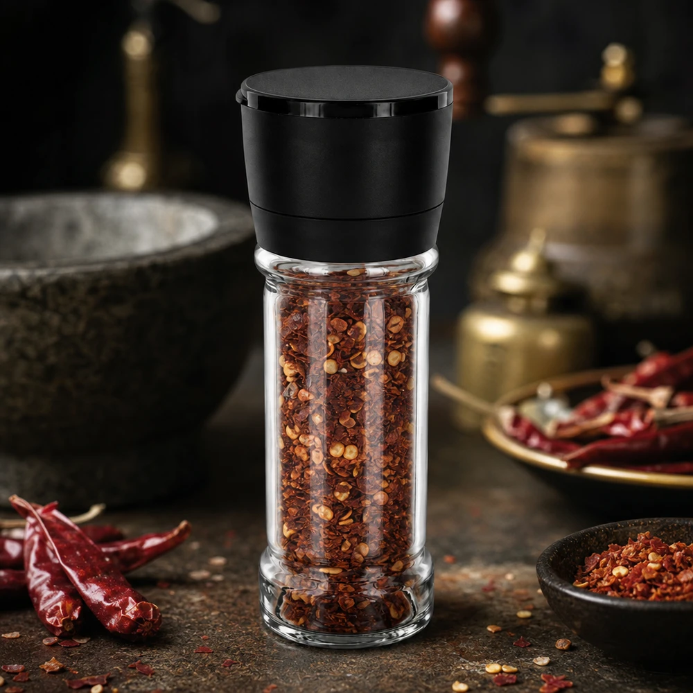 Salz-/Gewürzglas 100ml mit Mühle Vario schwarz Kompakte Gewürzmühle 100ml mit schwarzer Mühle Vario und scharfen Chiliflocken befüllt