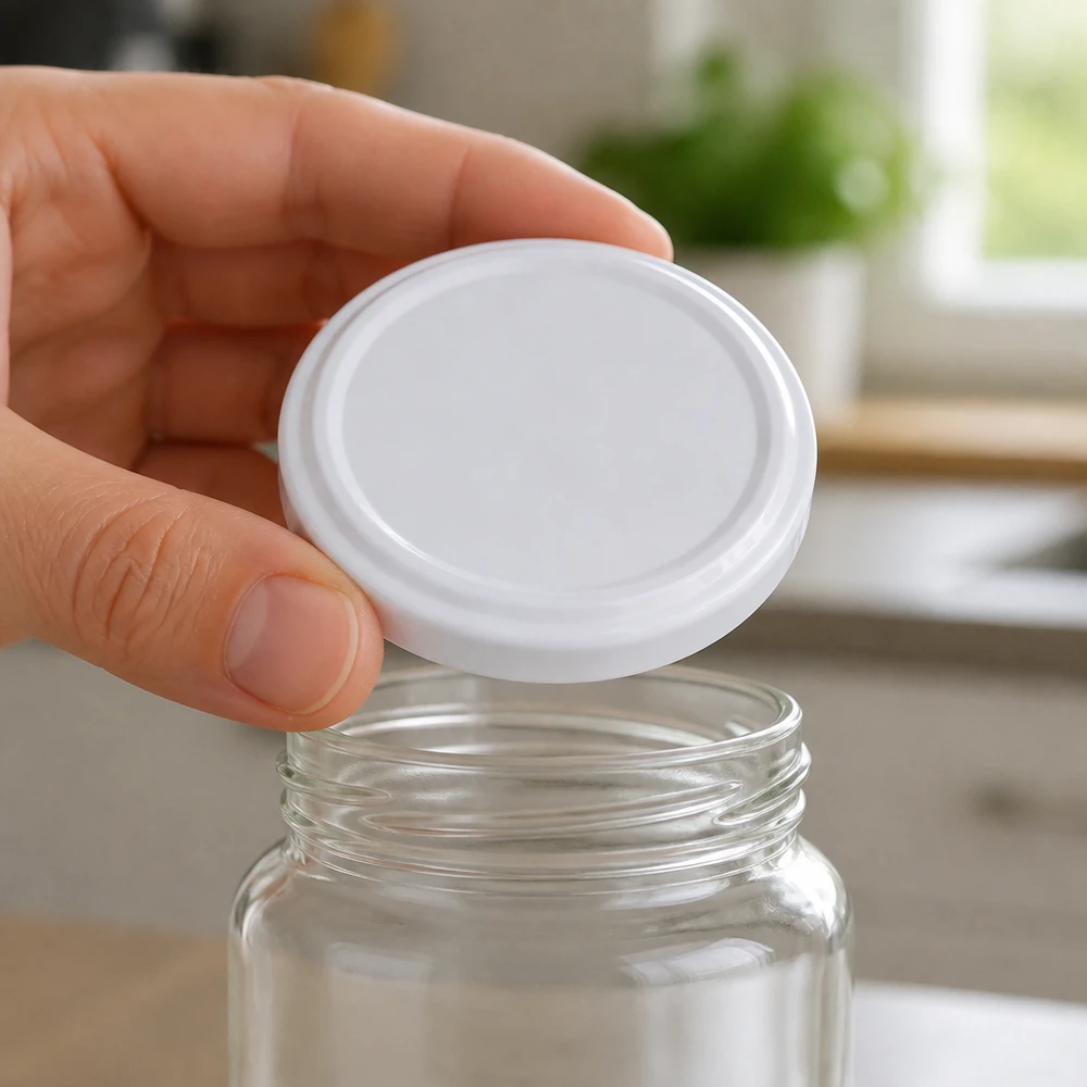 63mm BioSeal Deckel weiß (TO63) UNiTWIST Transparentes Vorratsglas bekommt weissen 63mm UNiTWIST Schraubdeckel BioSeal BPA-frei aufgesetzt
