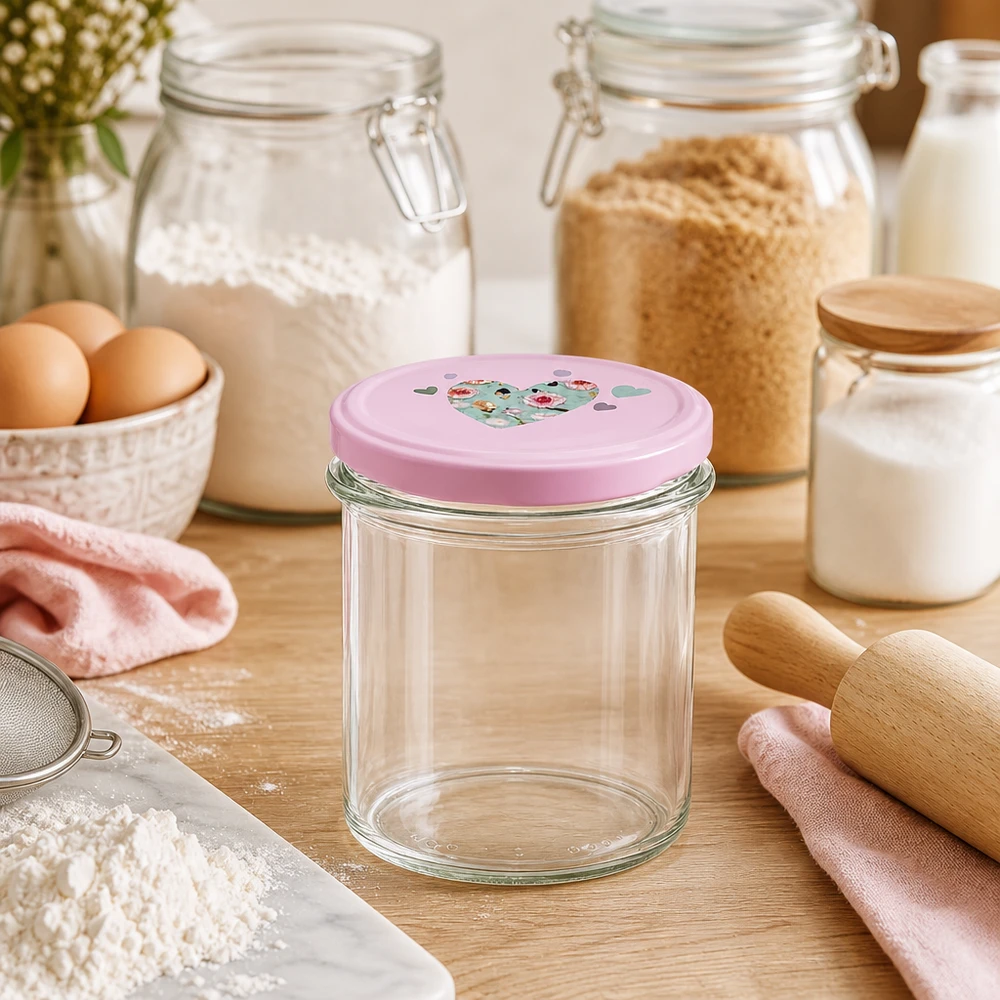 350ml Sturzglas + BasicSeal Deckel Herz rosa UNiTWIST 350ml Sturzglas rosa Herzdeckel Küchenszene Backzubehör Eier Mehl Nudelholz Vorratsgläser Backen Kochen