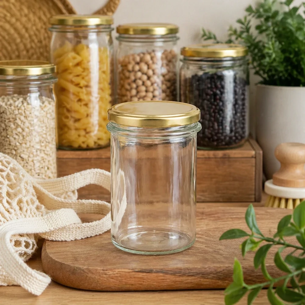 230ml Sturzglas leer BasicSeal Deckel gold UNiTWIST in Zero Waste Küche mit Vorratsgläsern und Pflanzen