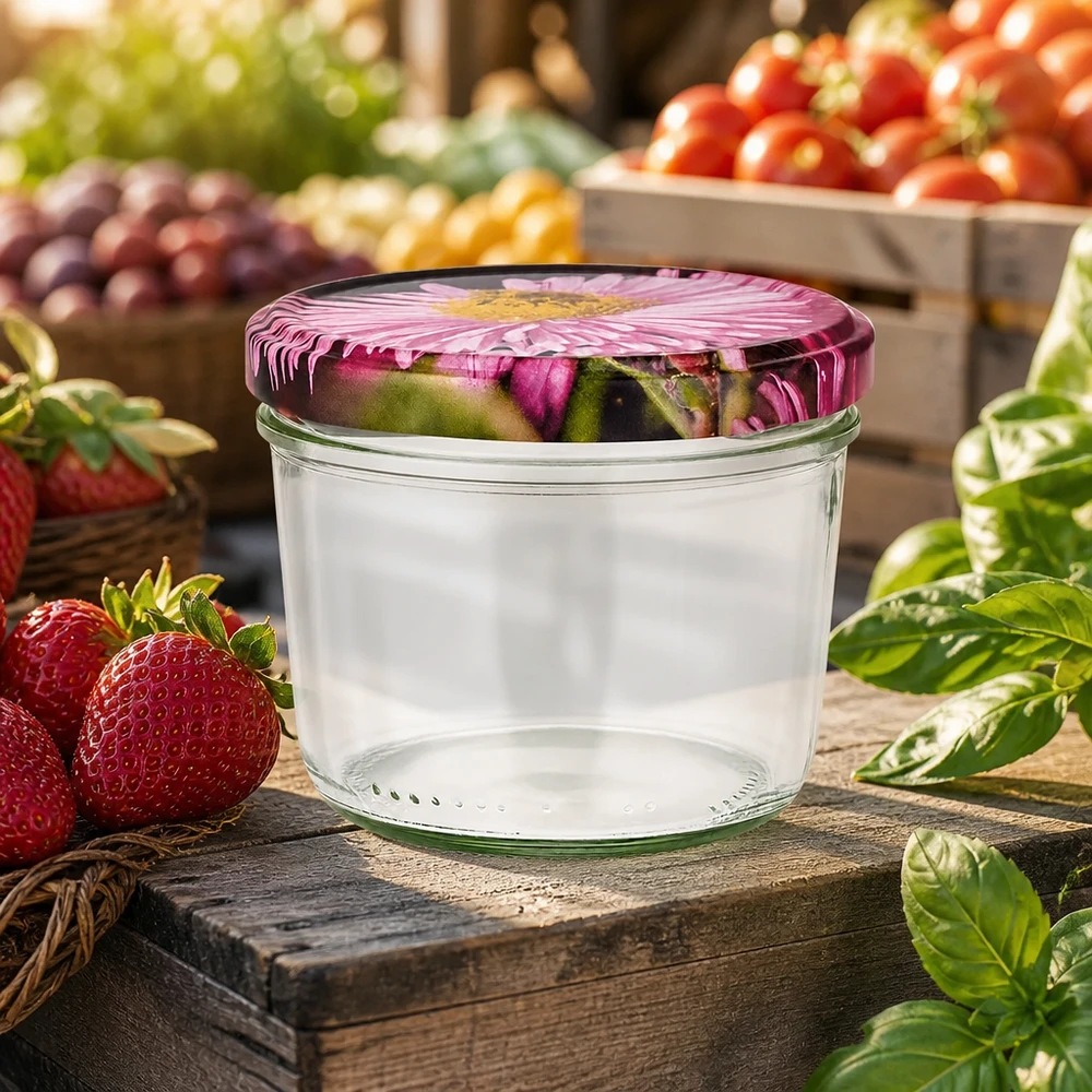 Sturzglas 230ml mit Blütendeckel auf Holzbrett zwischen frischen Erdbeeren und Gemüse in Marktatmosphäre