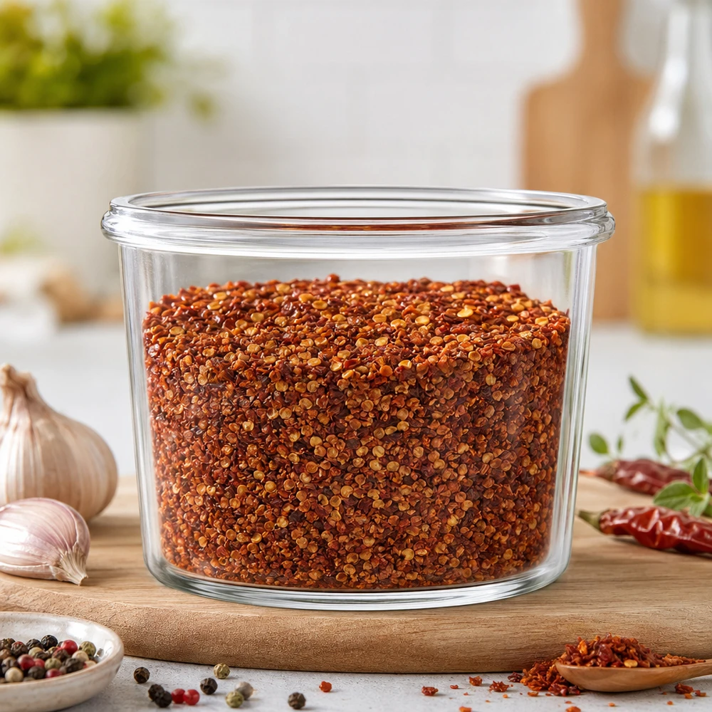 35ml Sturzglas WECK RR40 WECK Sturzglas 35ml RR40 mit Chili-Gewürzmischung gefüllt in moderner Küche auf Holzbrett