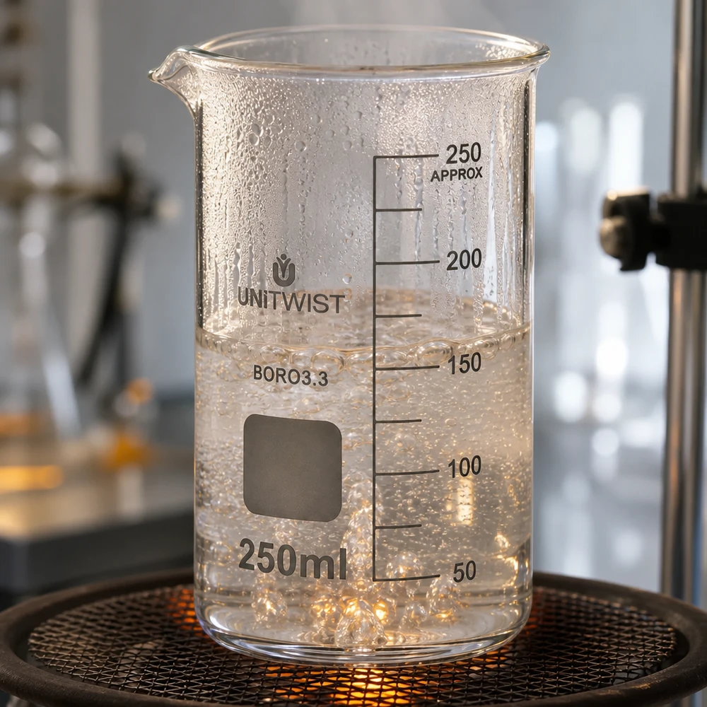 Laborversuch mit UNITWIST Becherglas 250ml hohe Form siedende Flüssigkeit bei 150ml