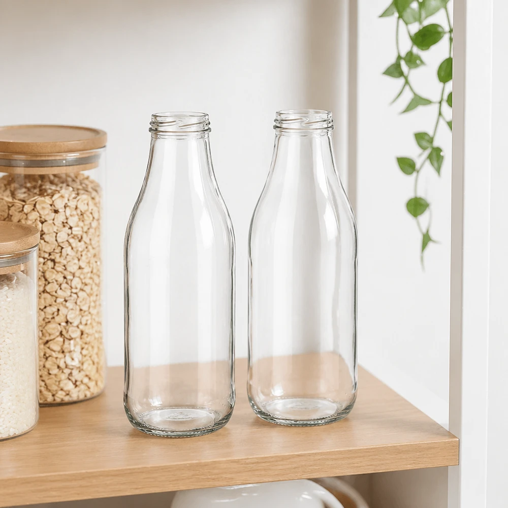 1000ml Glasflaschen TO48 UNiTWIST zwei leere Milchflaschen auf Holzregal in moderner Küche mit Vorratsgläsern