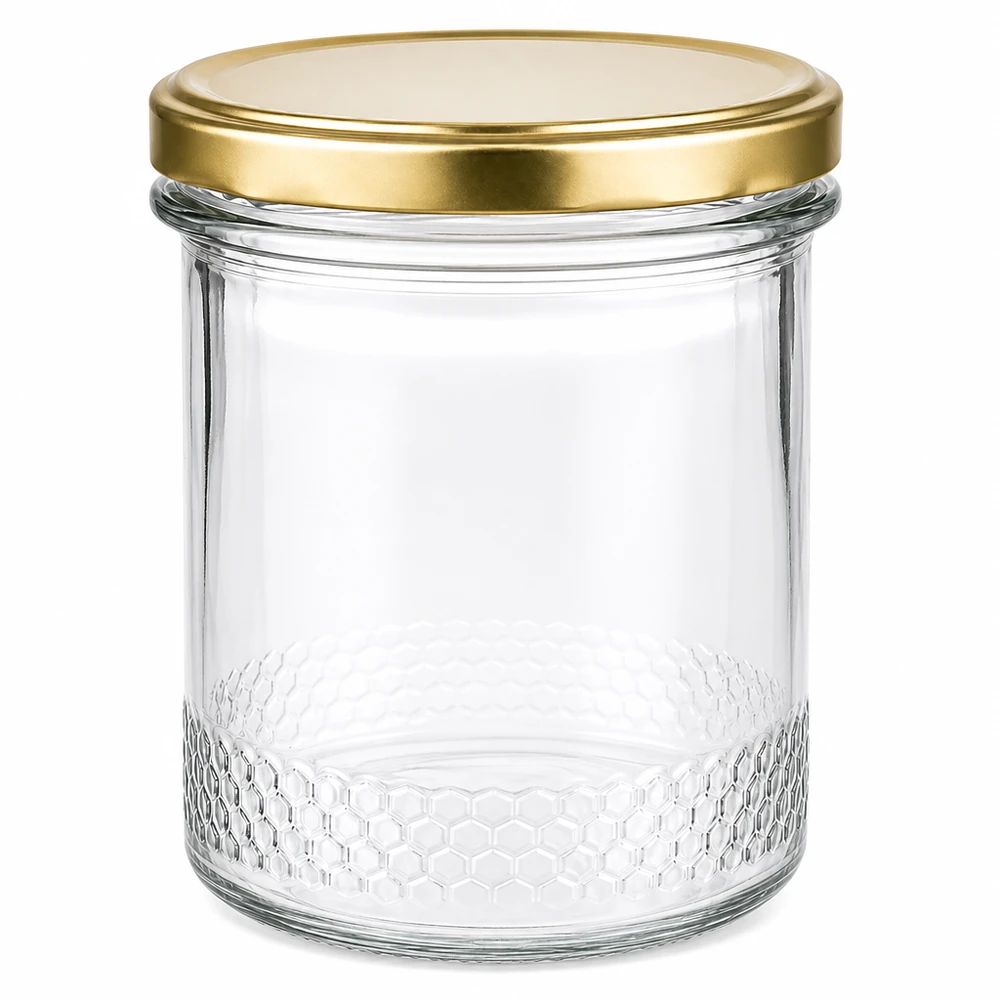 560g Honigglas + BasicSeal Deckel gold UNiTWIST 400ml Honigglas leer mit goldenem BasicSeal UNiTWIST Deckel und Wabenmuster am Boden