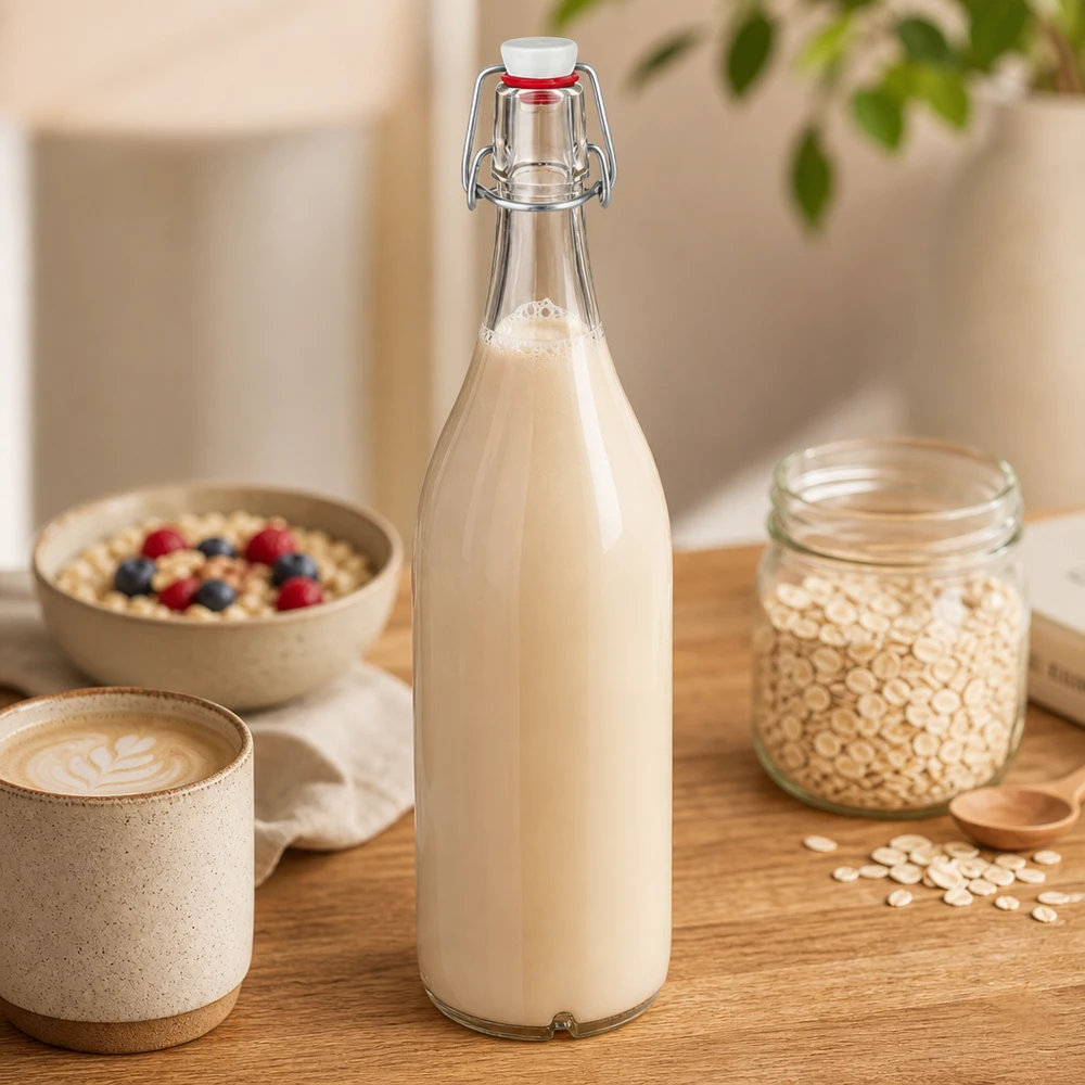 1000ml Glasflasche mit Bügelverschluss gefüllt mit Hafermilch neben Haferflocken und Frühstücksschale auf Holztisch