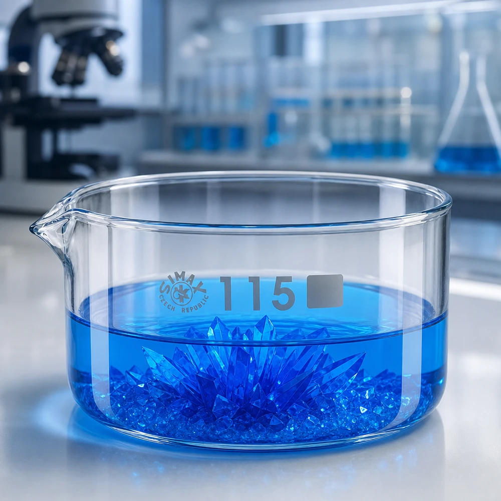 Borosilikatglas Kristallisierschale 500ml mit blauer Kupfersulfatlösung und Kristallbildung