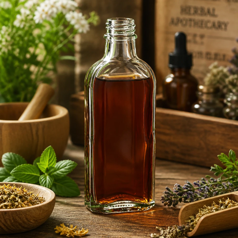 100 ml Meplatflasche klar DIN22 Schmale 100 ml Glasflasche klar mit DIN22 Öffnung neben Lavendel Minze und Trockenblüten