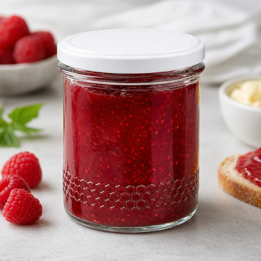 400ml Honigglas als Marmeladenglas für Himbeermarmelade gefüllt rote Konfitüre Frühstücksszene BasicSeal Deckel weiß