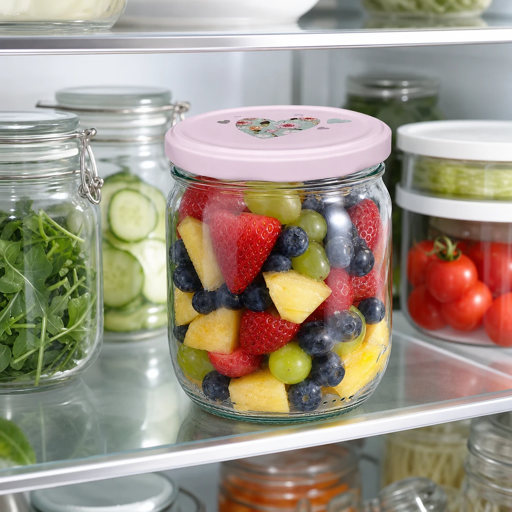 425ml Rundglas + BasicSeal Deckel Herz rosa UNiTWIST 425ml Rundglas rosa Herz-Deckel mit Obstsalat Kühlschrank Aufbewahrung Erdbeeren Blaubeeren Weintrauben