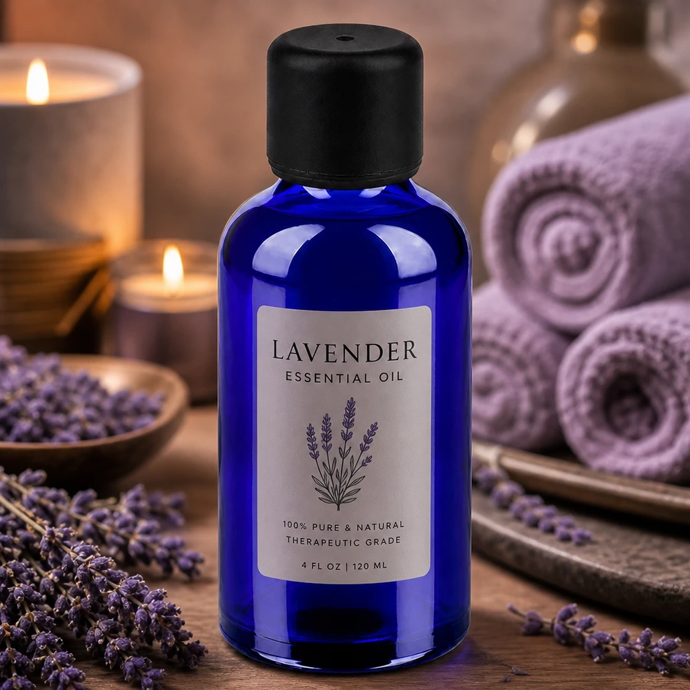 Handliche blaue 50ml Glasflasche mit schwarzem Verschluss für Wellness und Entspannungsöle