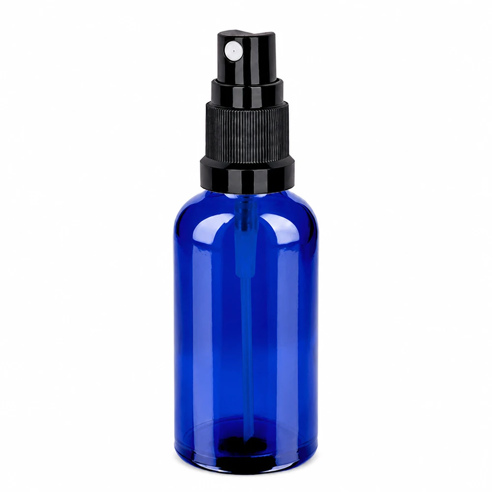 Kleine blaue Sprayflasche 50ml ideal für Reisen und unterwegs mit auslaufsicherem Verschluss