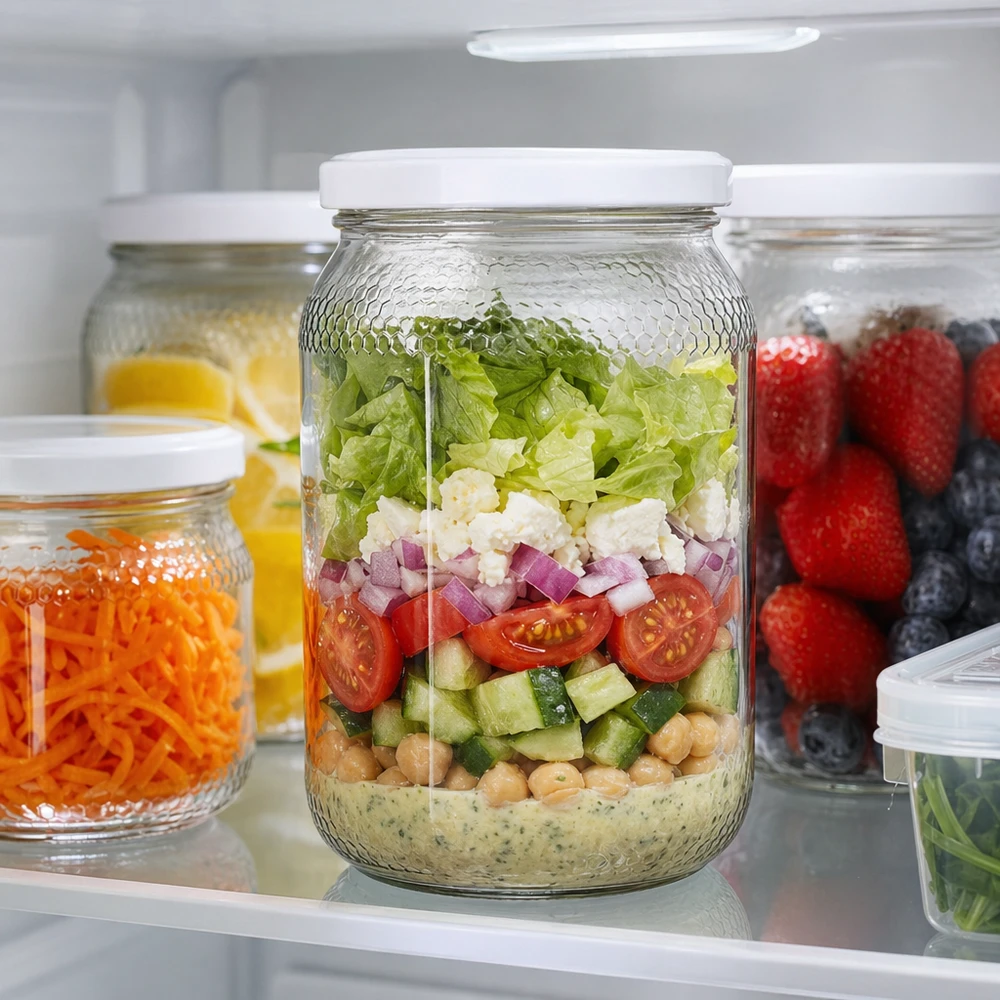 Honigglas 900ml als Meal Prep Salatglas im Kühlschrank gefüllt mit Schichtsalat BasicSeal Deckel UNiTWIST