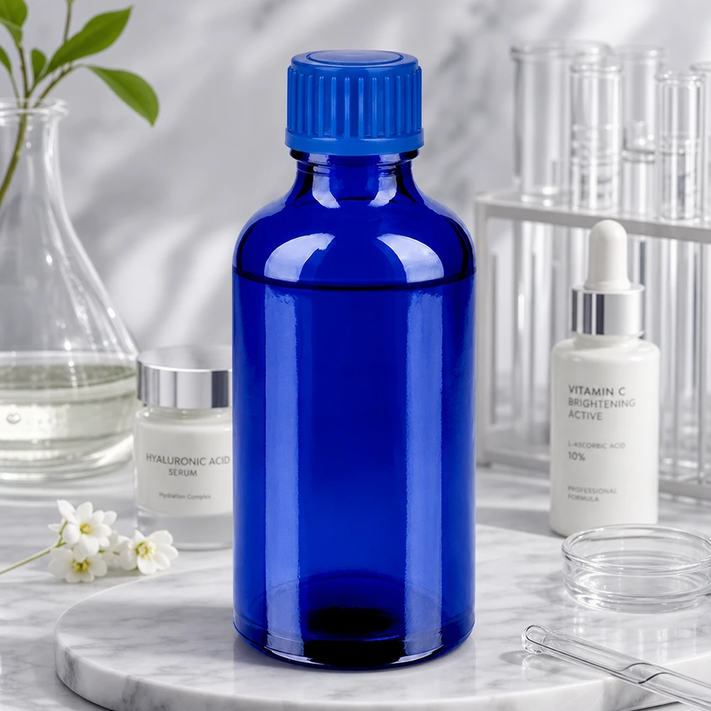 50ml Flasche 11mm Schraubverschluss blau Standard BlueLine UT18/50 Vielseitige 50ml Glasflasche in Apothekerqualität mit blauem UV-Schutz für Naturkosmetik