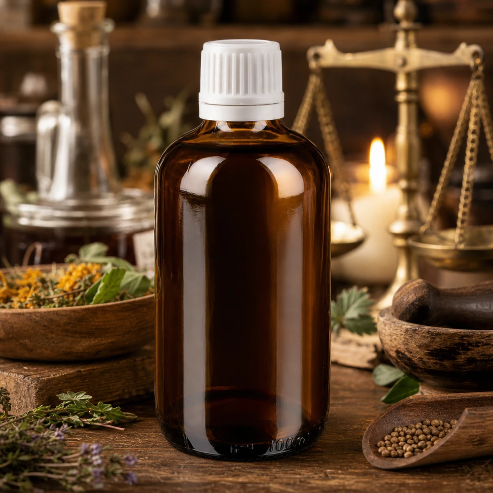 Apothekenflasche braun 100ml Schraubverschluss weiß Originalitätsverschluss Braune Medizinflasche 100ml mit manipulationssicherem Weißverschluss im Kräuterapotheken-Setting