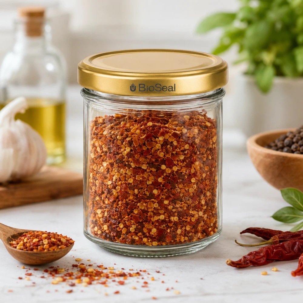 200g Honigglas mit goldenem Deckel BioSeal UNiTWIST BioSeal 200g Glasbehaelter mit goldenem Deckel gefuellt mit roter Gewuerzmischung umgeben von Kuechenzubehoer und Kraeut
