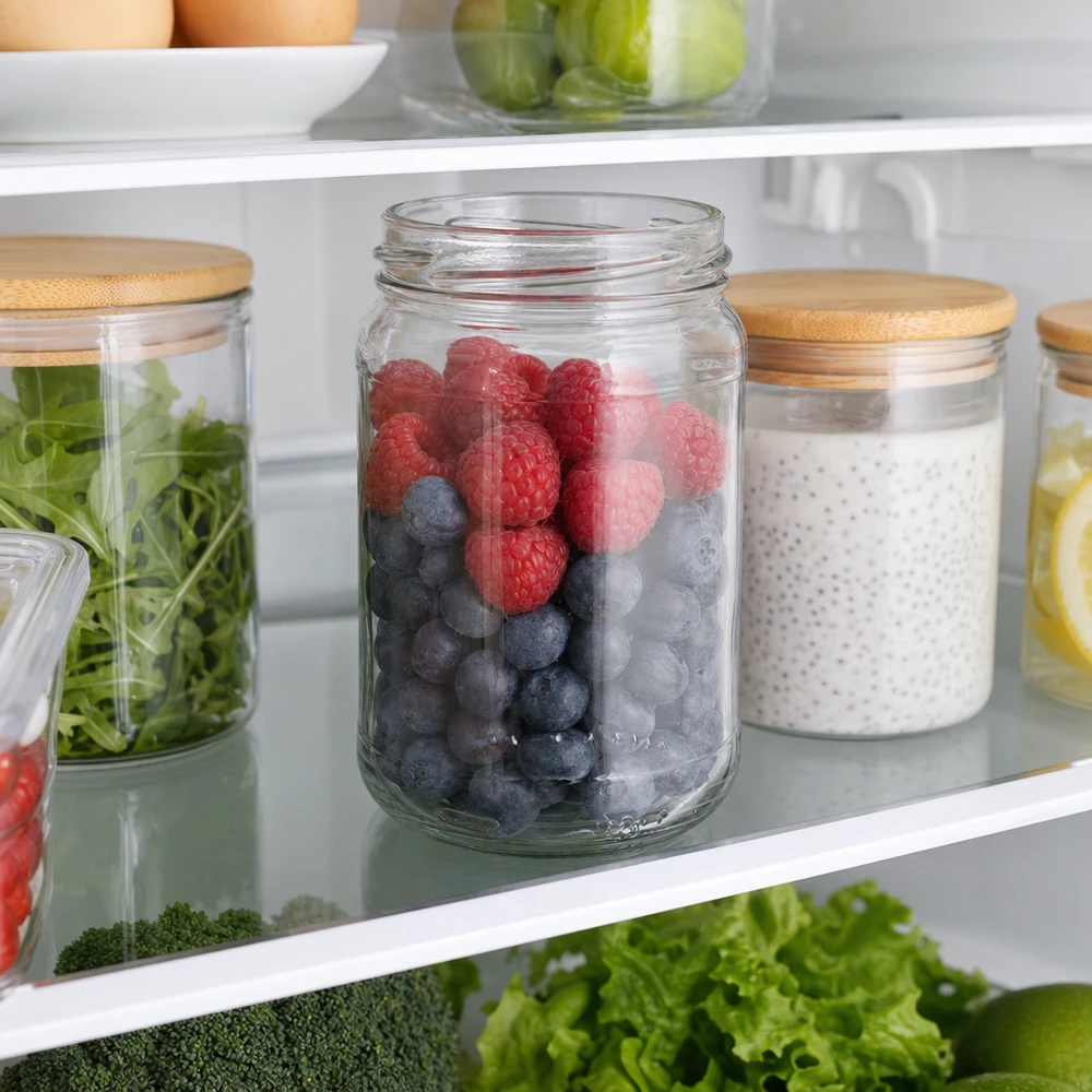 305ml Rundglas ohne Deckel (TO63) UNiTWIST UNiTWIST Runda305 Rundglas 305ml mit Beeren im Kühlschrank, Glasdose mit Holzdeckel zur Lebensmittelaufbewahrung