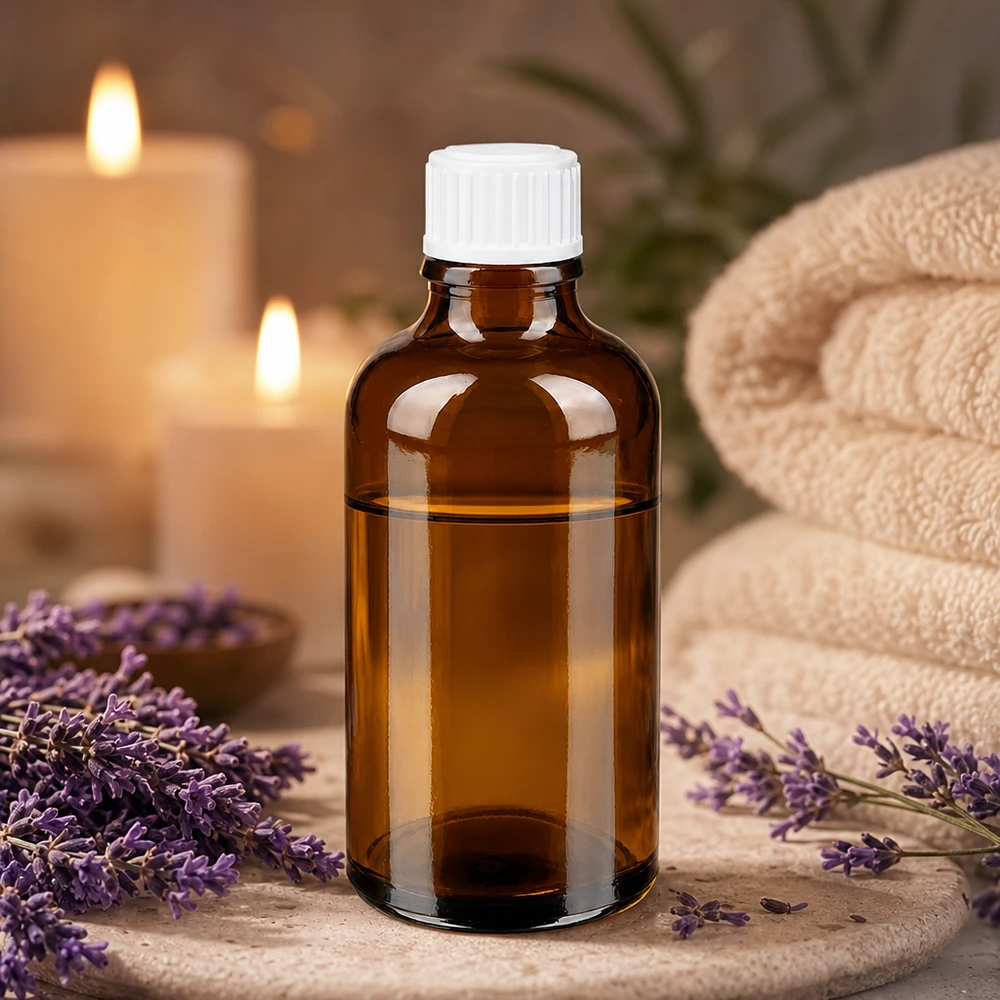 Dunkle Glasflasche 50ml mit weißem Kunststoffverschluss im Spa-Ambiente mit Lavendel