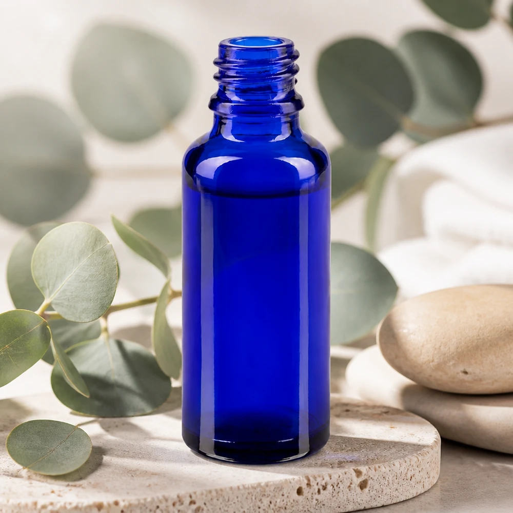 Offene blaue Apothekerflasche ApoGlas 30ml aus Glas für Seren Essenzen und Öle geeignet