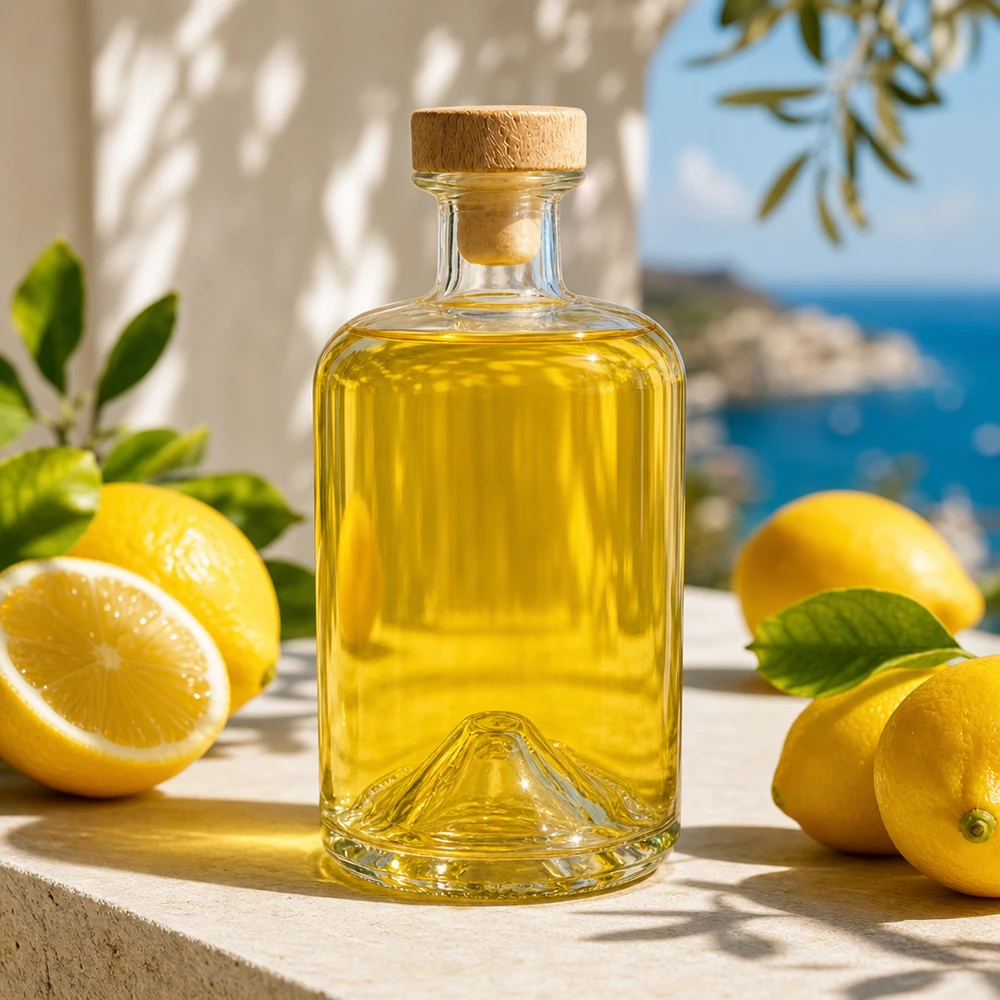 500ml Apothekenflasche "Classic" mit Holzgriffkorken UNiTWIST® 500ml Glasflasche Sofia mit Holzkorken gefüllt mit gelbem Öl zwischen Zitronen in mediterraner Küche