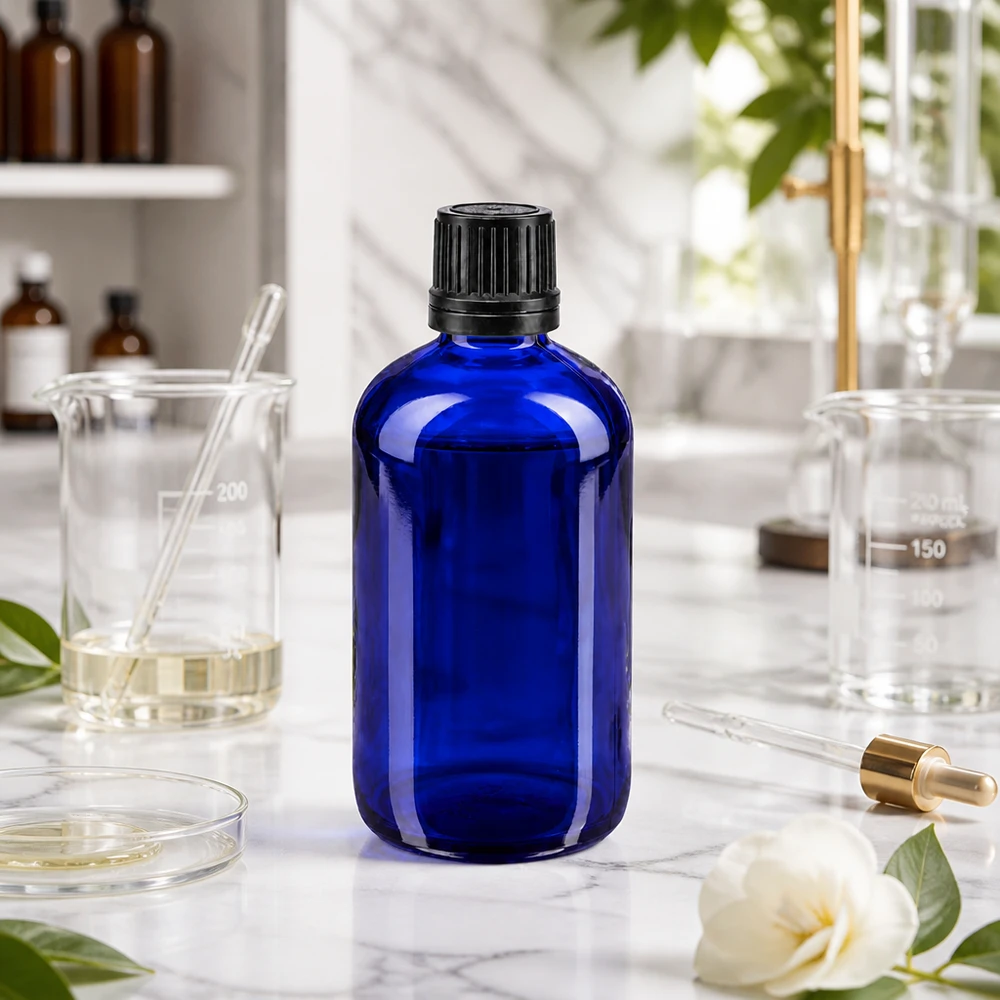 Pharmazeutische 100ml Globalflasche in Kobaltblau mit OV-Verschluss schwarz Laborumgebung
