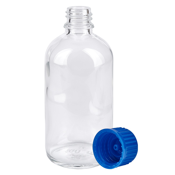 100ml Flasche 11mm Schraubverschluss blau Standard ClearLine UT18/100 ClearLine Flasche 100ml UT18 schmaler Flaschenhals blauer Verschluss weisser Hintergrund