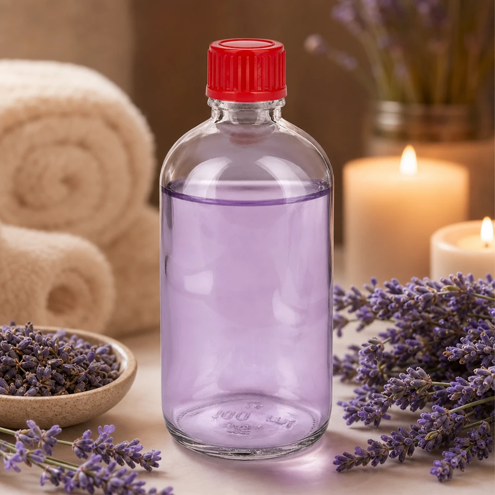 100ml Glasflasche UT18/100 roter Kunststoffverschluss 11mm SV gefüllt mit lila ätherischem Öl Lavendel