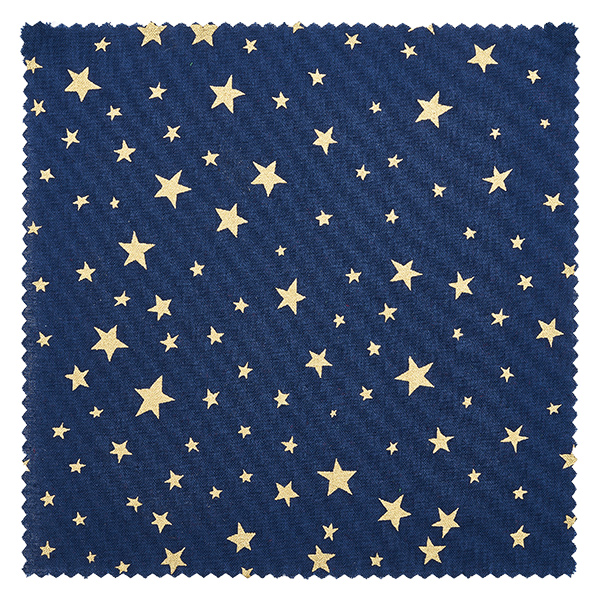Stoff Schmuckdeckchen blau "Sterne" 15cm eckig Blaues Stoffdeckchen mit goldenen Sternen verschiedener Größen Detail-Ansicht 15cm quadratisch für Dekoration