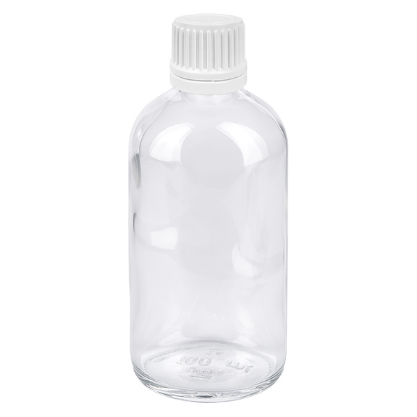 100ml Tropfflasche 0.7mm weiß Originalitätsverschluss ClearLine UT18/100 Zylindrische 100ml Tropfflasche aus klarem Glas mit weißem Sicherheitsverschluss UT18