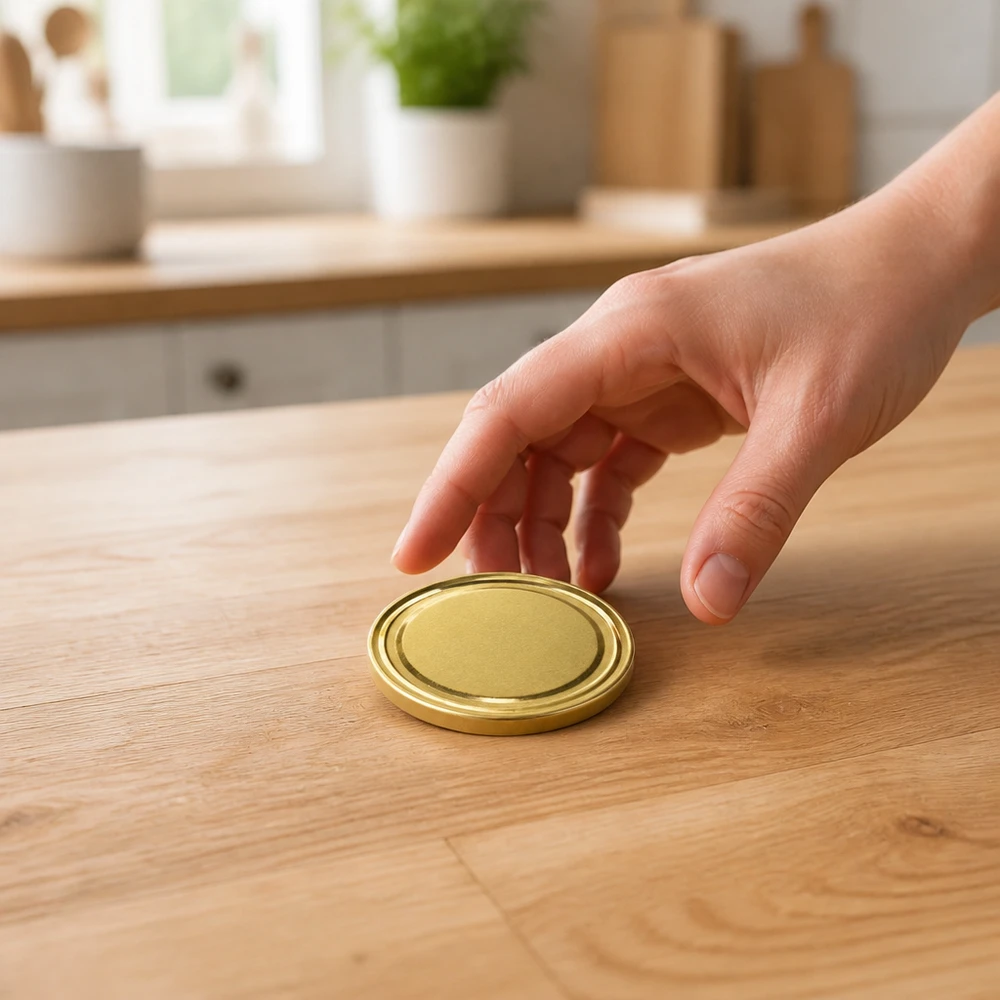 Goldfarbener Konservierungsdeckel TO43 wird aufgenommen Küchenhintergrund BioSeal BPA-NI