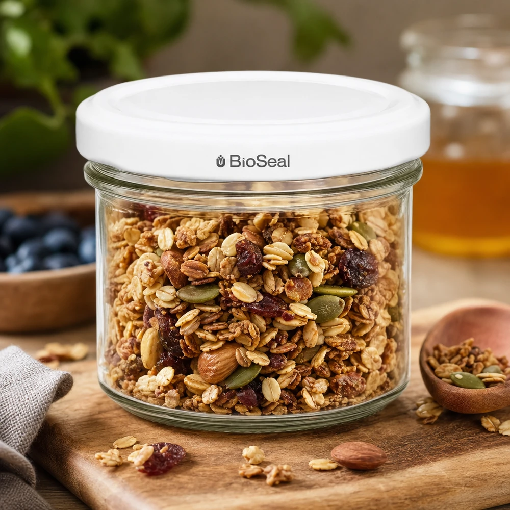 125ml Sturzglas mit BioSeal Deckel weiß UNiTWIST UNiTWIST Sturzglas 125ml Müsli Nüsse Trockenfrüchte Vorratsglas TO66 BioSeal Deckel weiß Holzbrett Küche