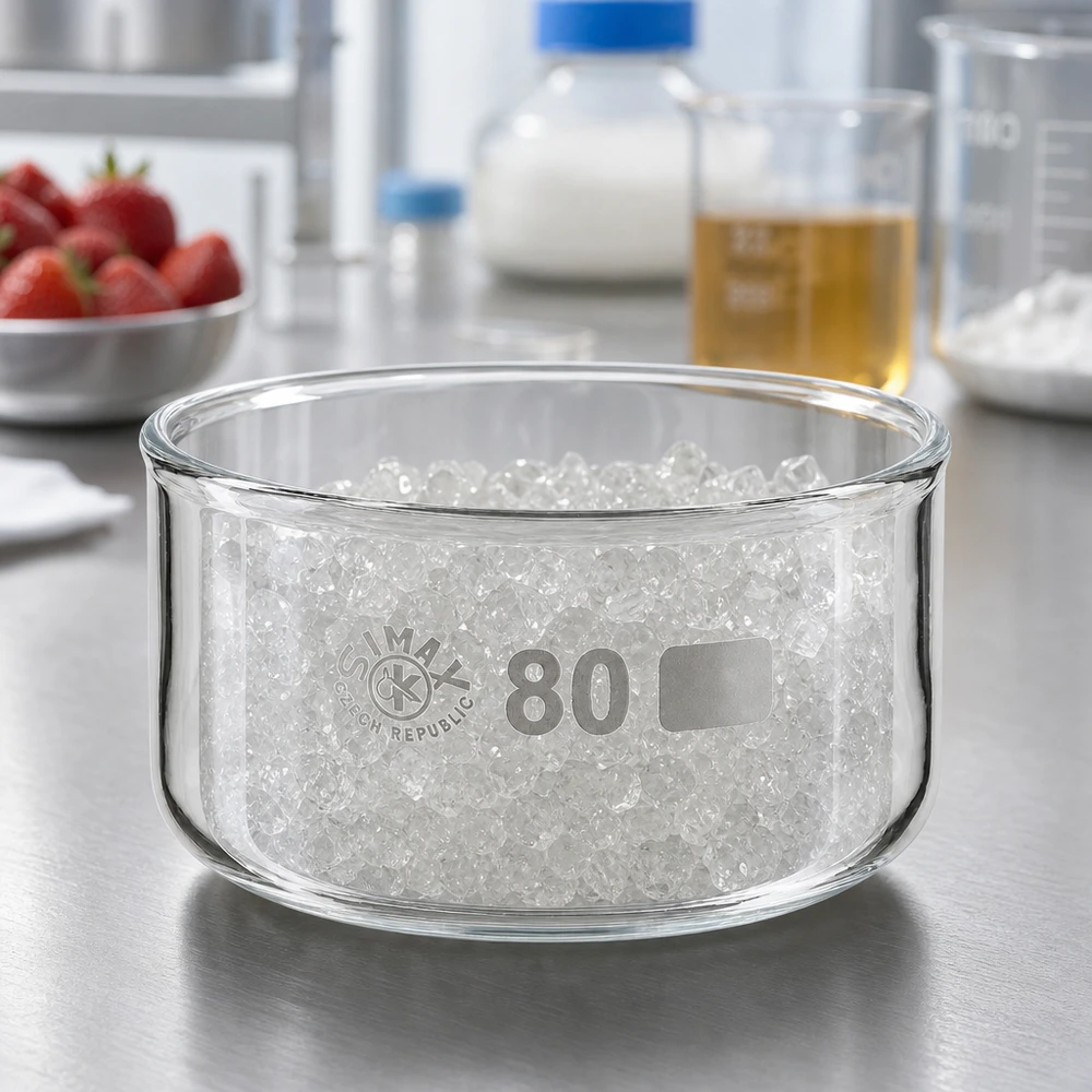 150ml Kristallisierschale ohne Ausguss Borosilikat ø80mm Robuste Glasschale für chemische Analyse 150ml ø80mm mit körnigem Inhalt Laborumgebung
